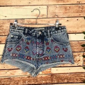 Topshop Women's Blue Moto Aztec Embroidered Shorts